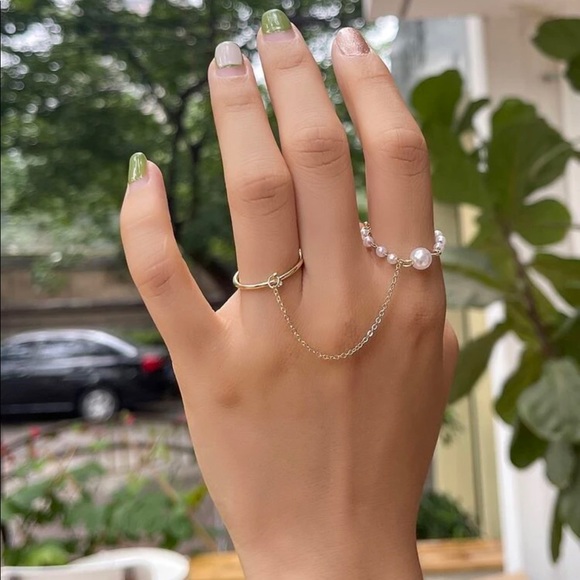 Gold Faux Pearls Rhinestone Chain Double Ring - Picture 5 of 7